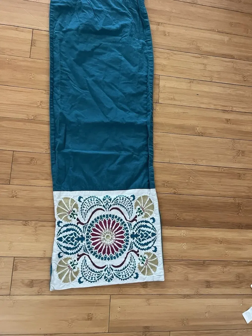 Cotton Floral Teal Embroidered Table Runner 67x12” Boho